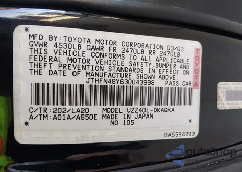 2003 Lexus Sc 430 from USA, damaged, VIN JTHFN48Y630043998